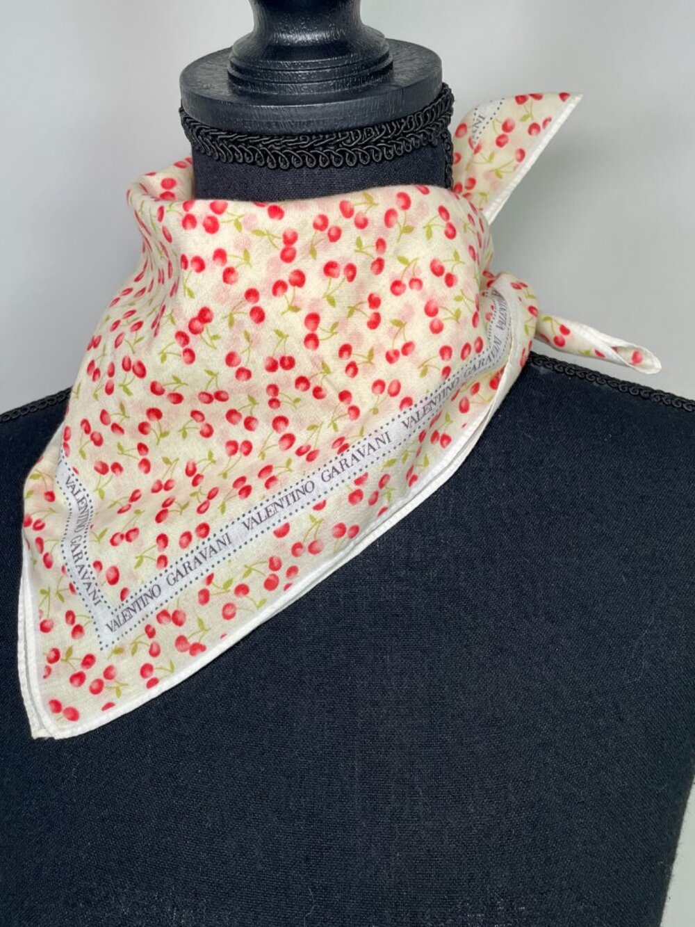 VALENTINO GARAVANI Vintage Cherry Print Cotton Square Scarf / Neckerchief